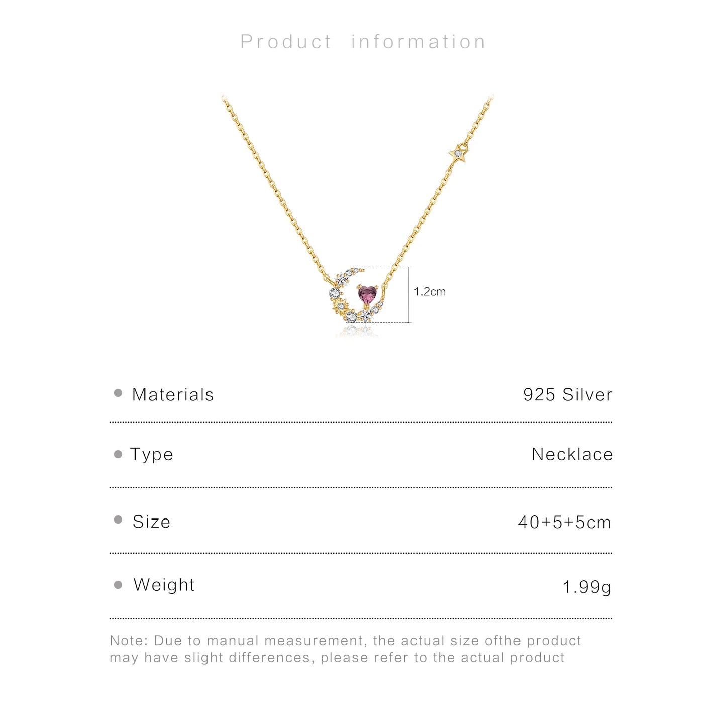 925 Sterling Silver Star Moon Heart Zircon Necklace