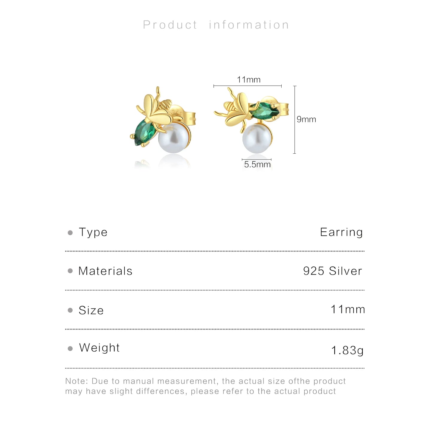 925 Sterling Silver Green Zircon Pearl Stud Earrings