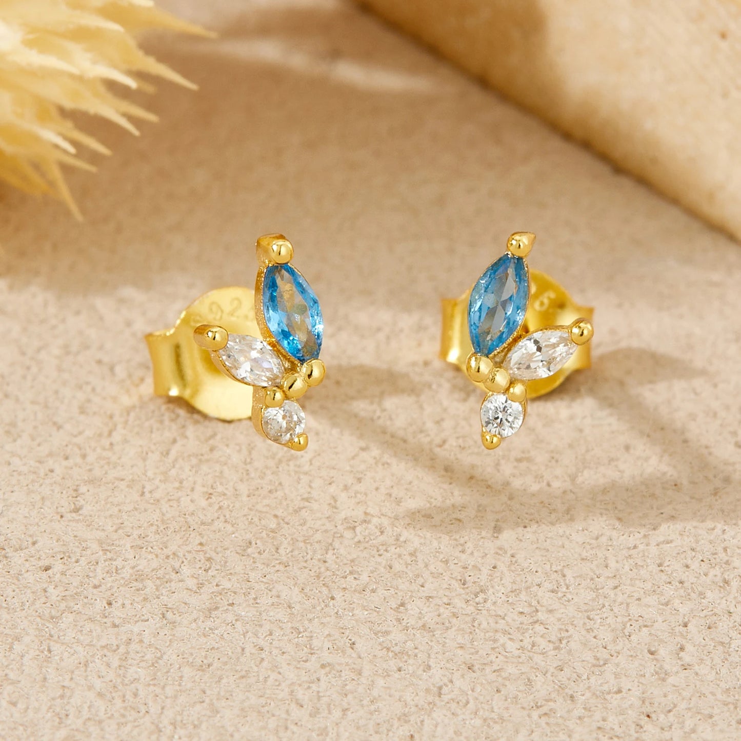 925 Sterling Silver Blue Zircon Irregular Stud Earrings