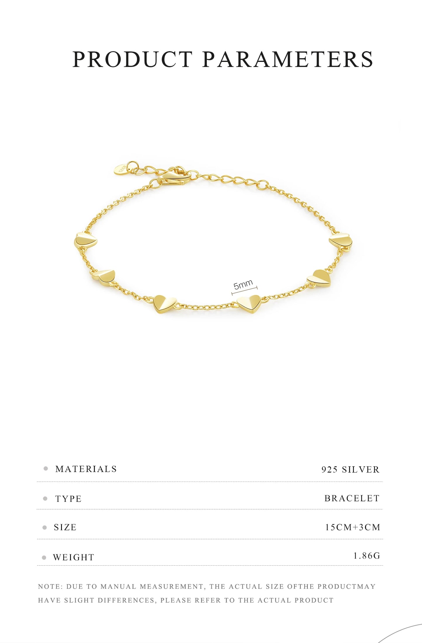 925 Sterling Silver Heart Chain Bracelet