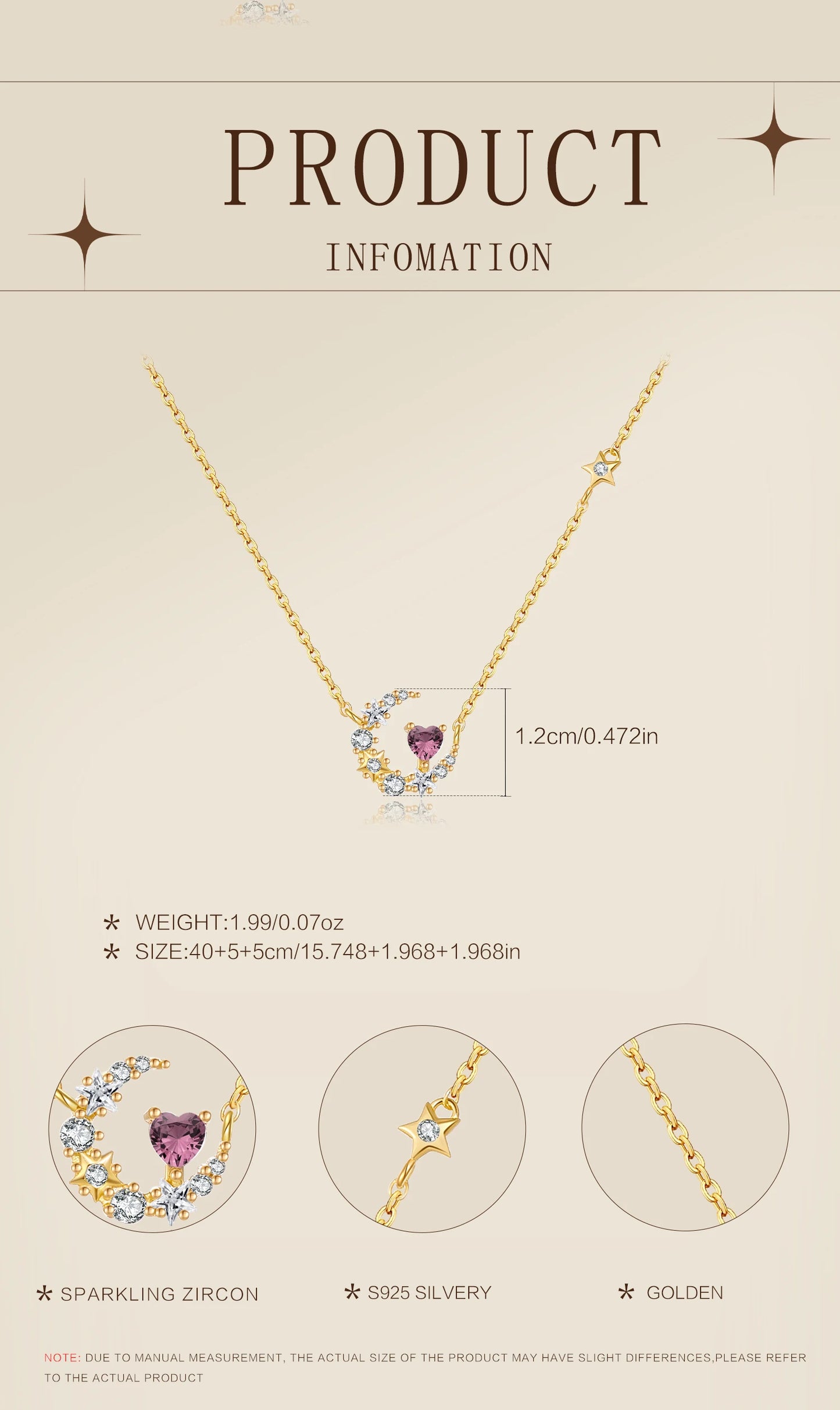 925 Sterling Silver Star Moon Heart Zircon Necklace