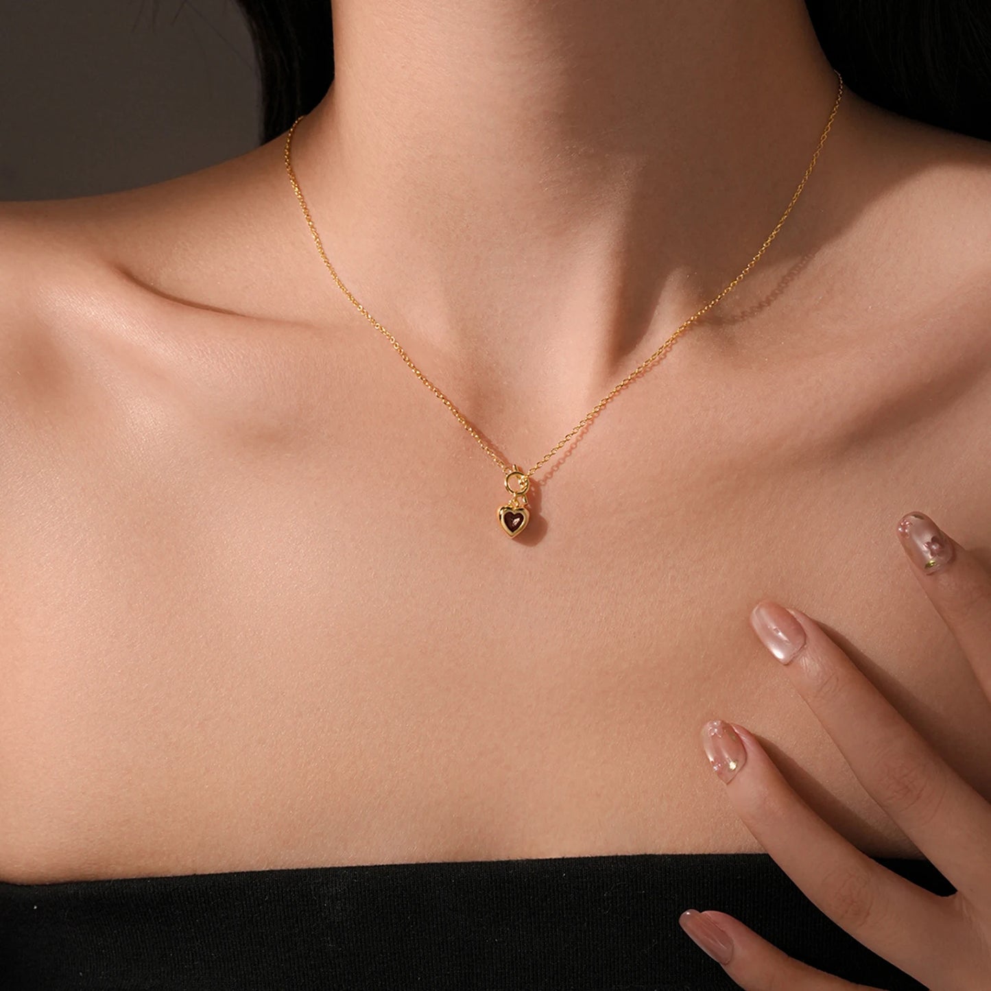 925 Sterling Silver Heart Red Ruby Zircon Necklace