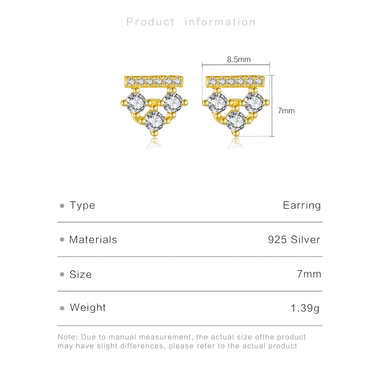 925 Sterling Silver Round Zircon Triangle Stud Earrings