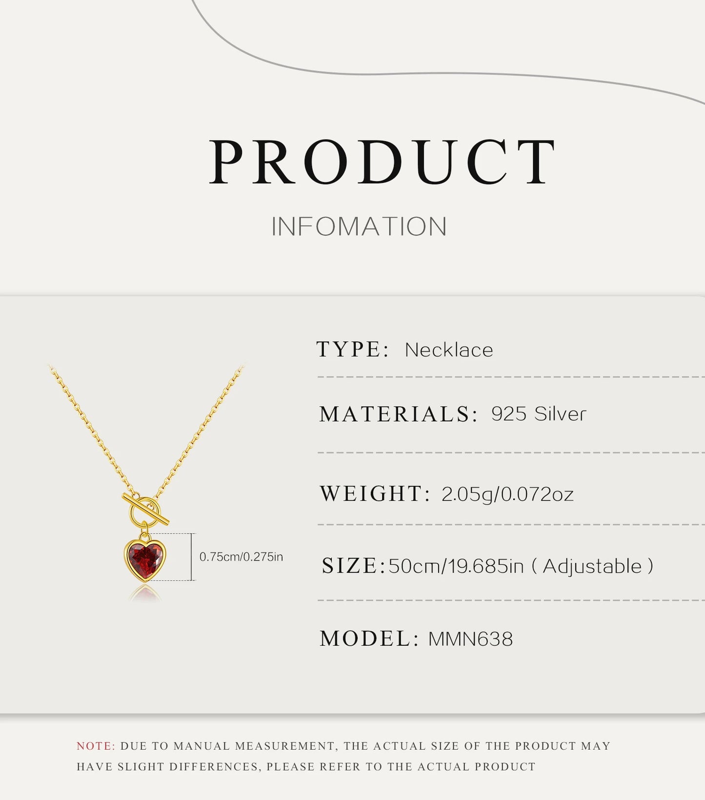 925 Sterling Silver Heart Red Ruby Zircon Necklace