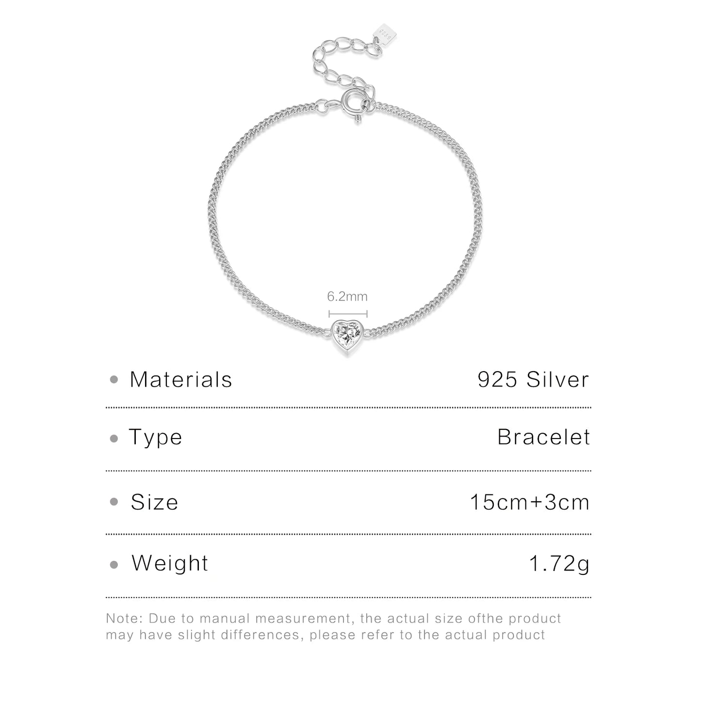 925 Sterling Silver Zircon Heart Bracelet