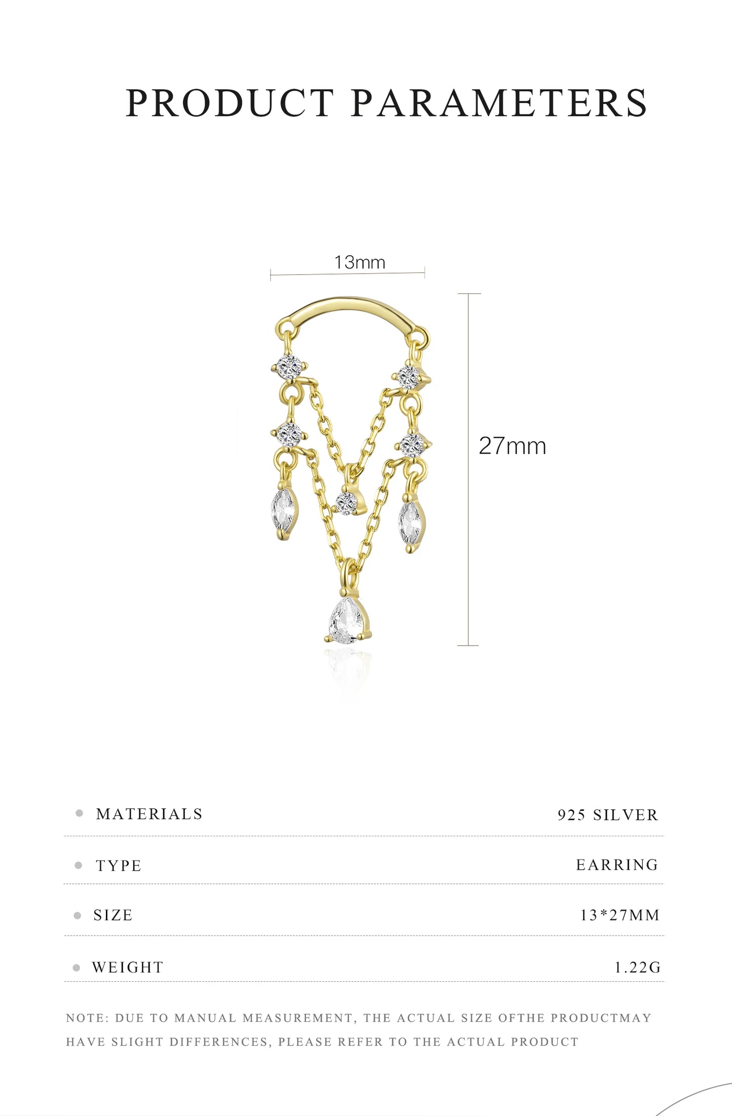 925 Sterling Silver Chain Zircon Stud Earrings