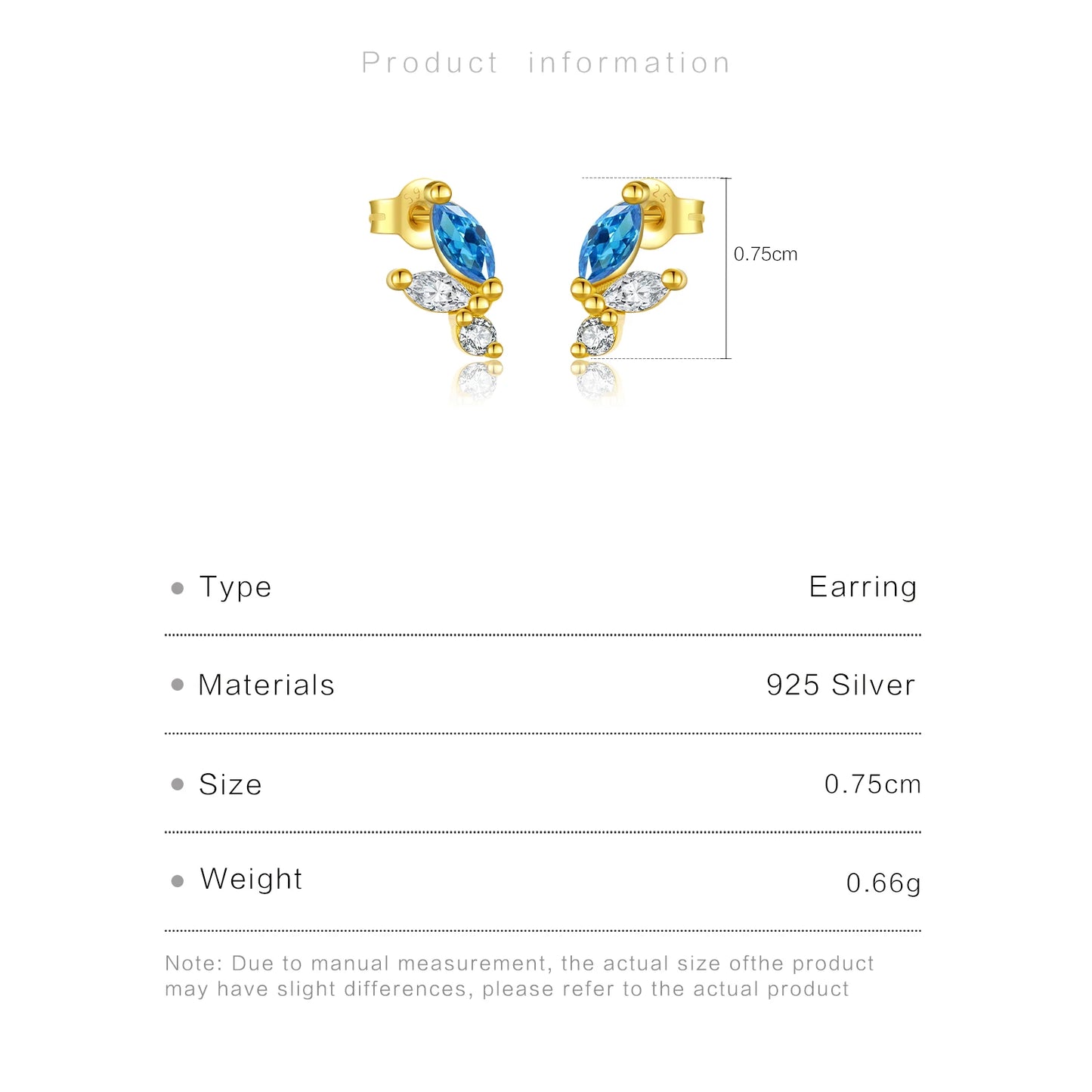 925 Sterling Silver Blue Zircon Irregular Stud Earrings