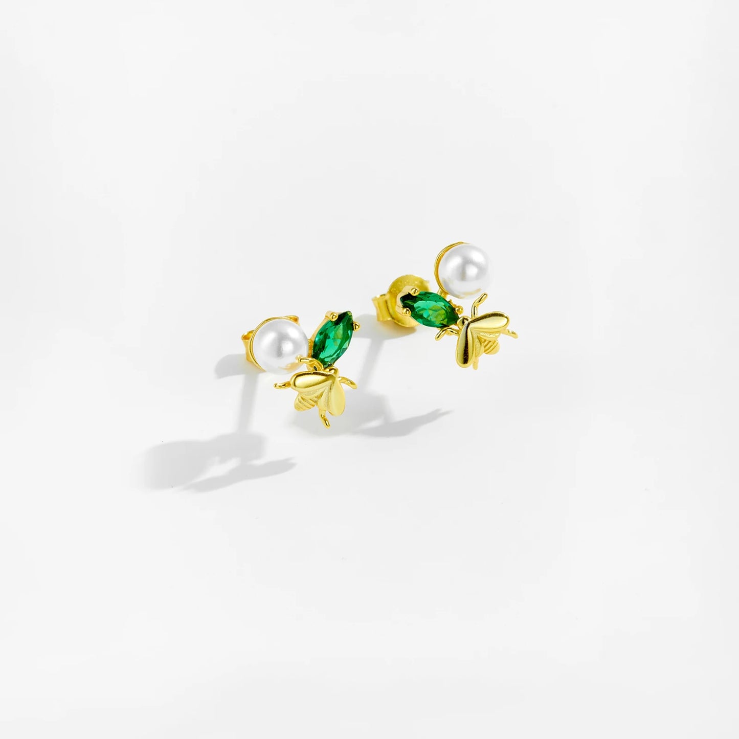 925 Sterling Silver Green Zircon Pearl Stud Earrings