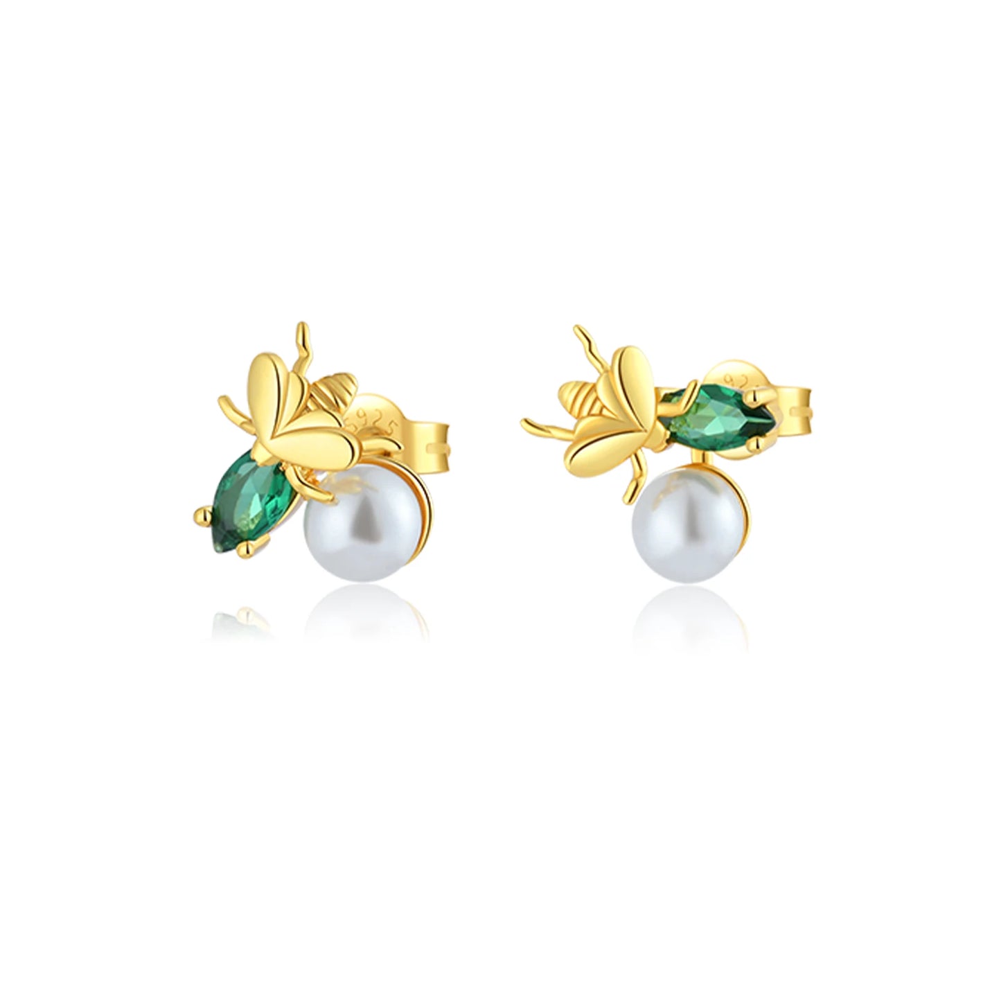 925 Sterling Silver Green Zircon Pearl Stud Earrings