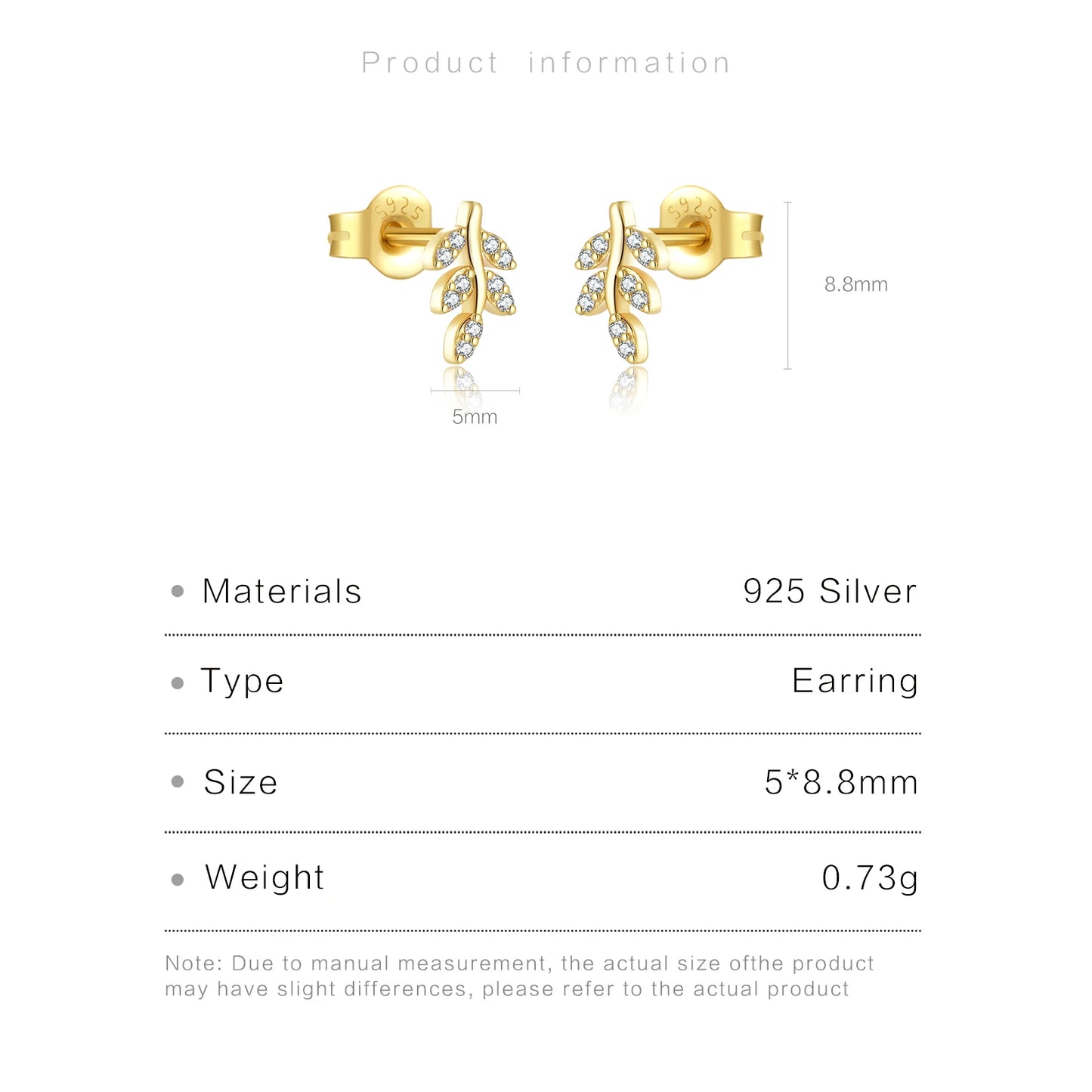 925 Sterling Silver Zircon Crystal Leaf Stud Earrings