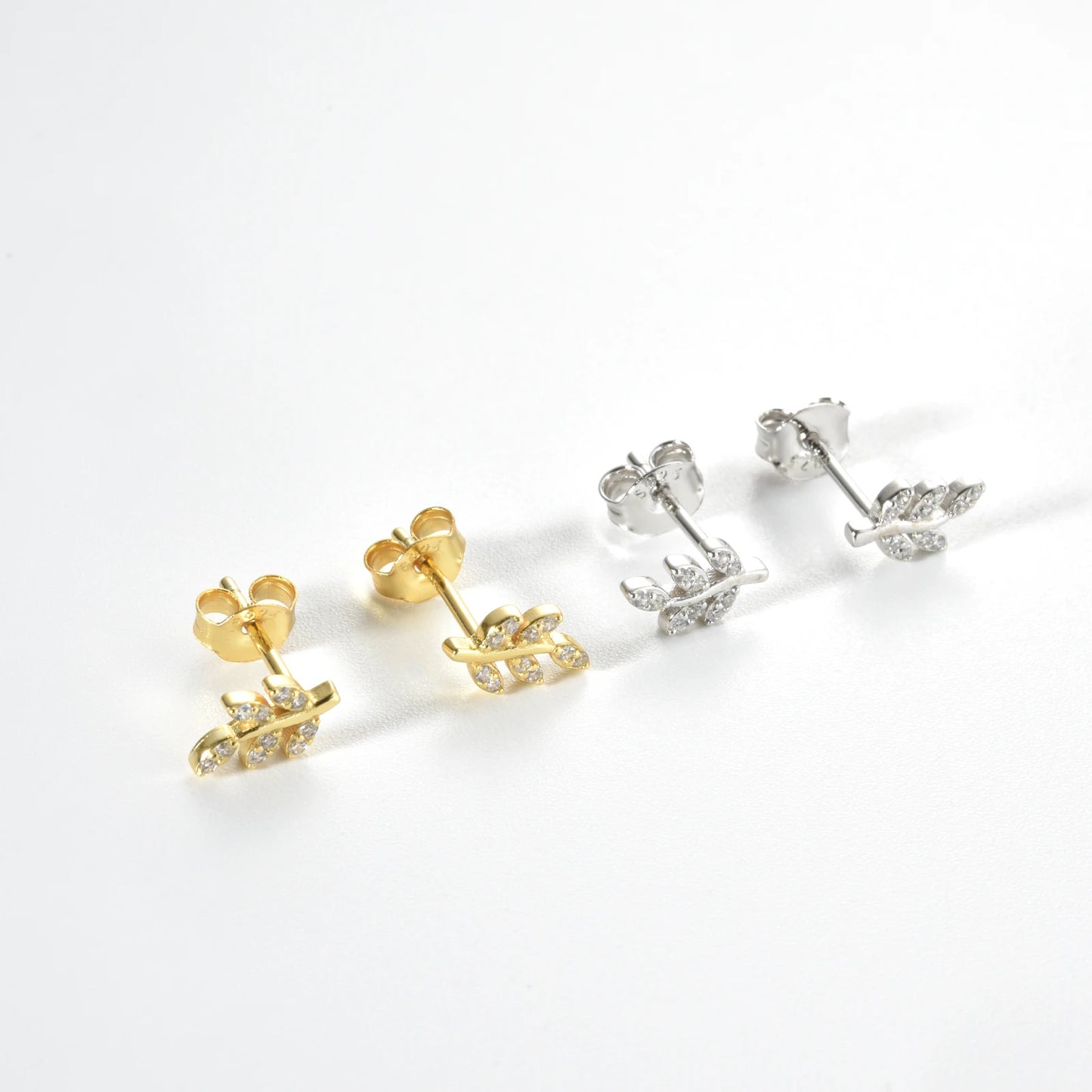 925 Sterling Silver Zircon Crystal Leaf Stud Earrings