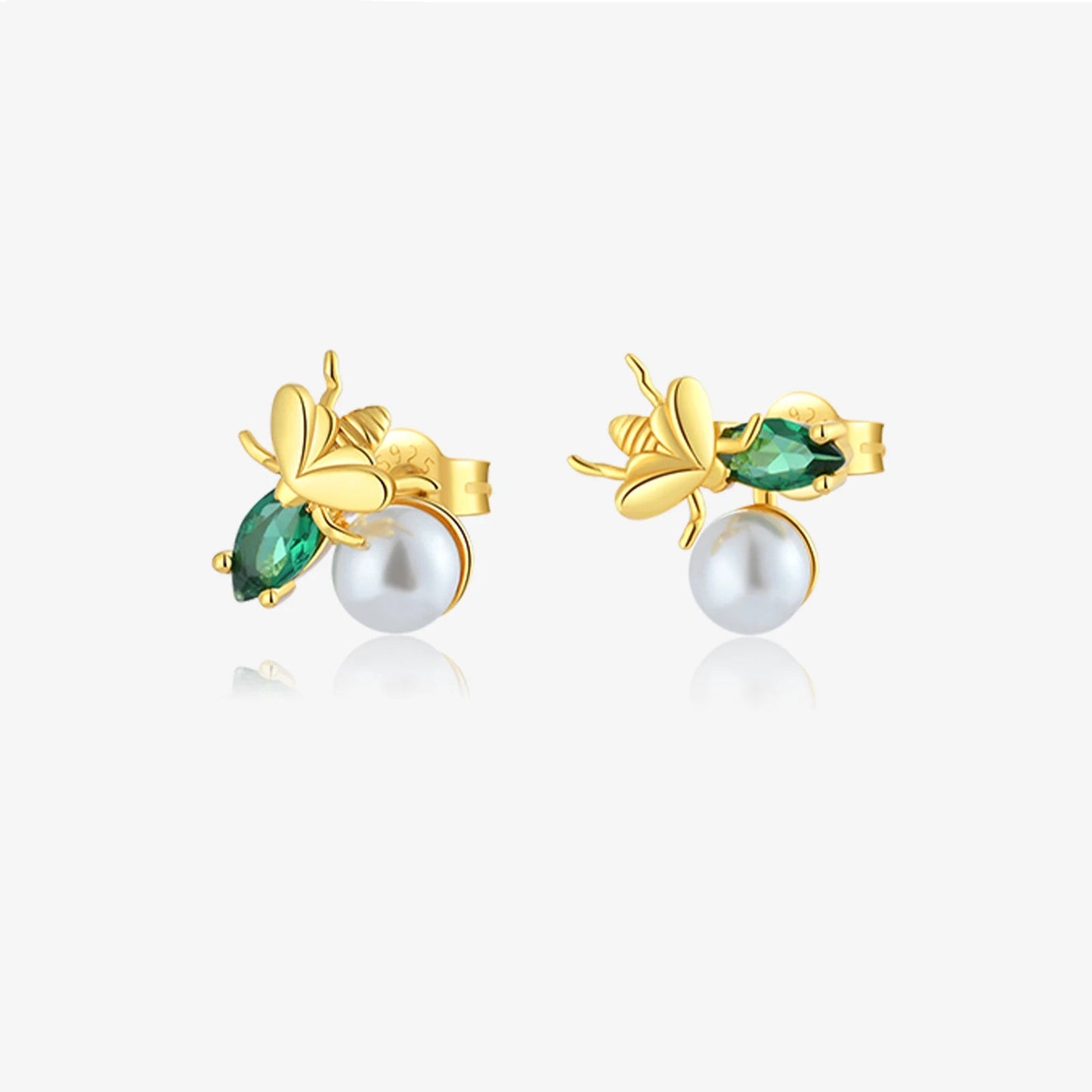 925 Sterling Silver Green Zircon Pearl Stud Earrings