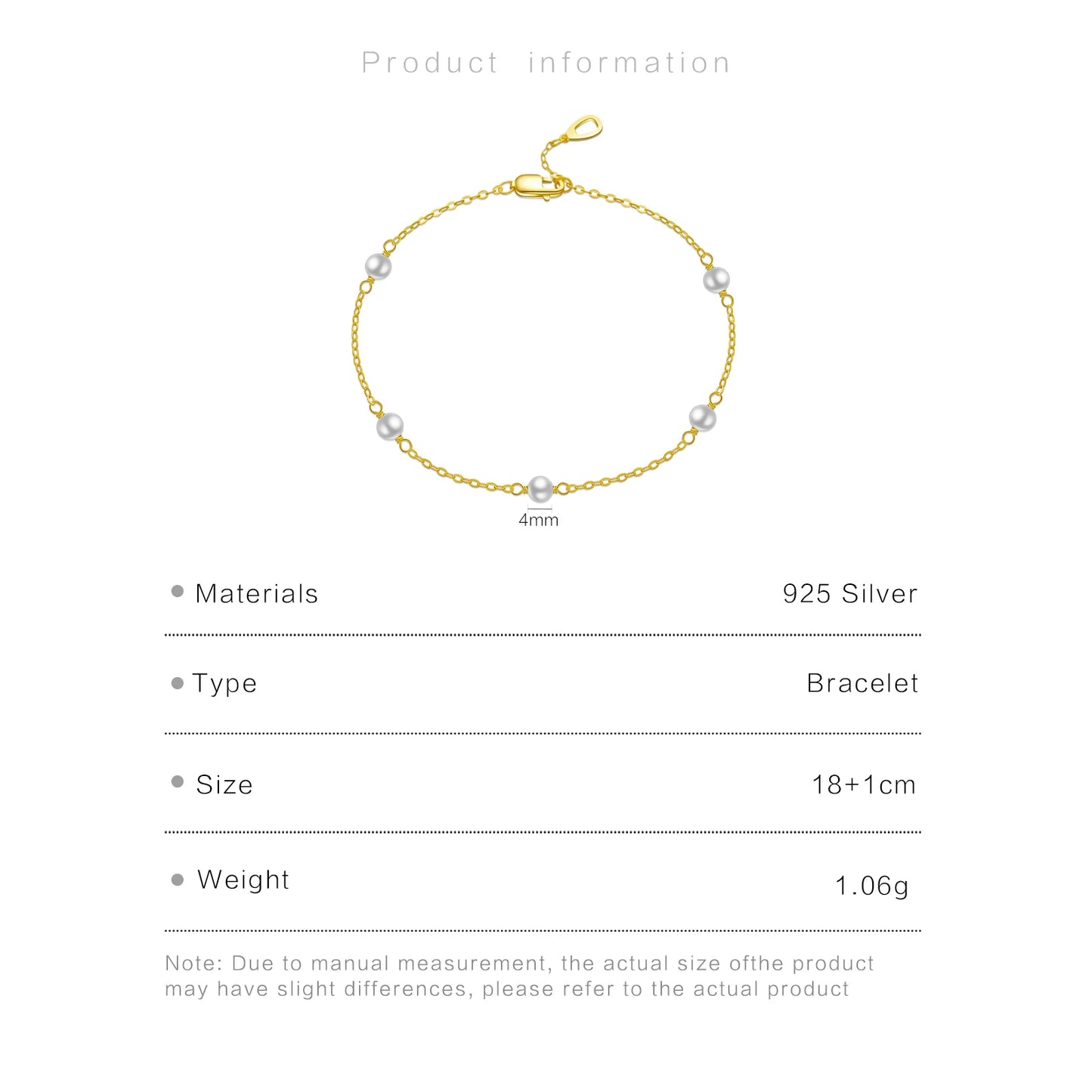 925 Sterling Silver Pearl Chain Bracelet
