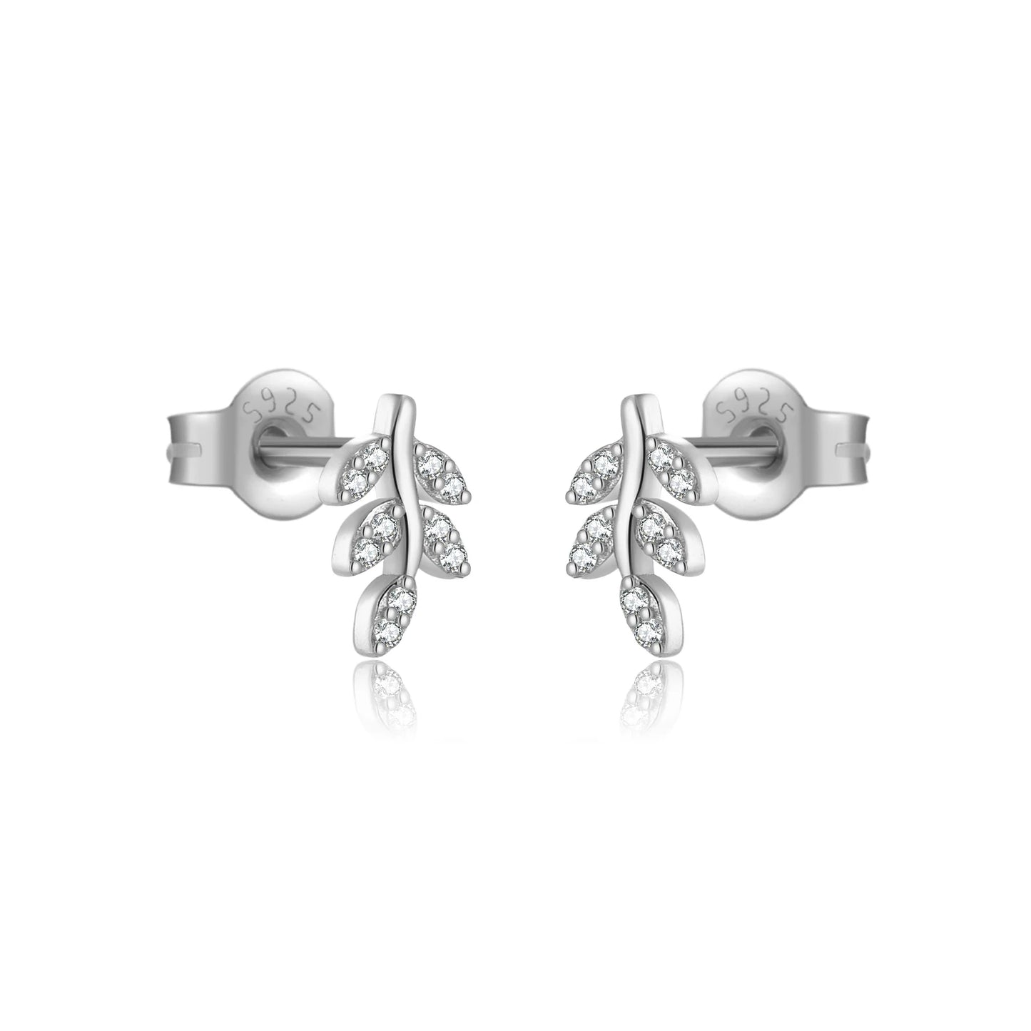 925 Sterling Silver Zircon Crystal Leaf Stud Earrings